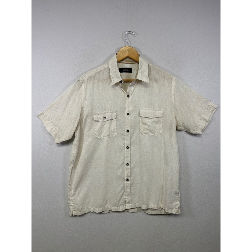 Tropical Coastal Tasso Elba Mens Med Beige Linen Blend Leaf Print Button Shirt